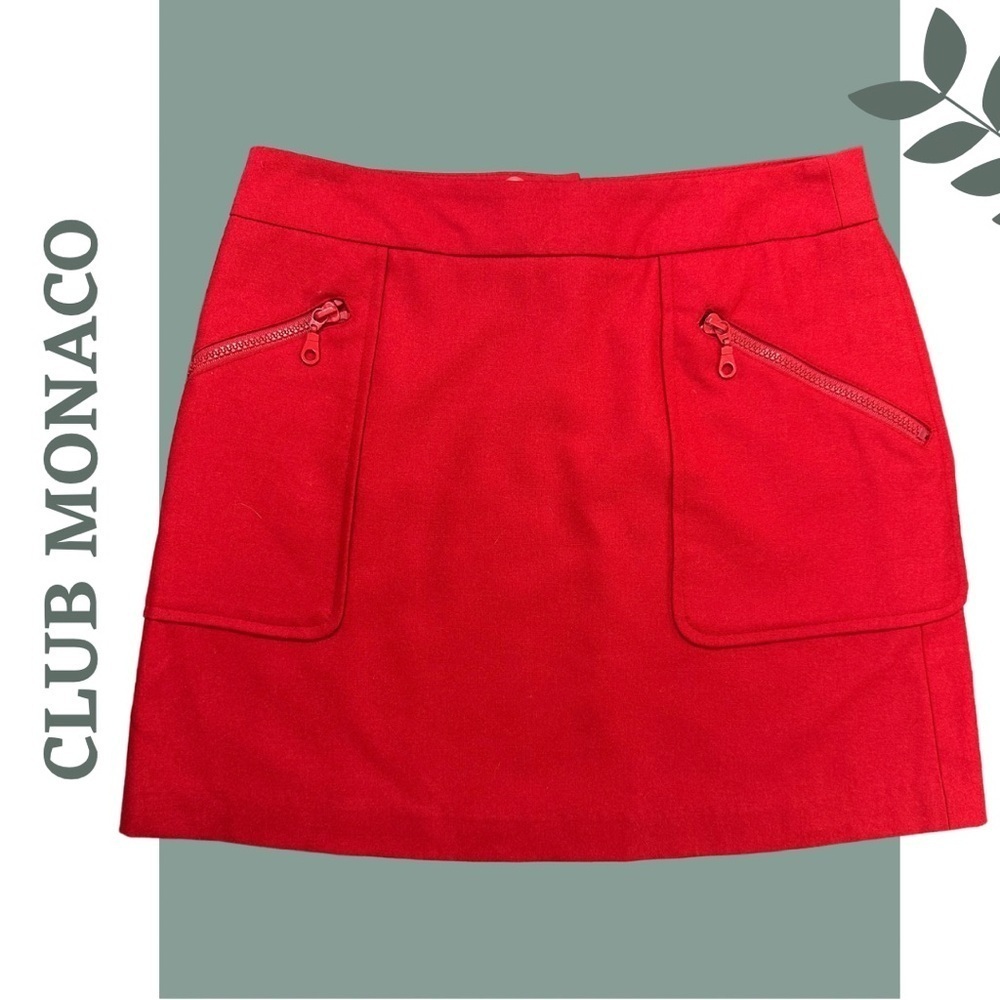Club Monaco Red Wool-Blend Lined Mini Skirt, Back Zip, Pocket — Size 0